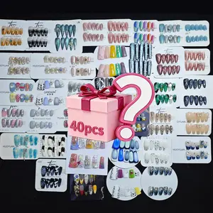 Random Blind Box Nail Art Set, 40pcs Handmade Manicure Kit, Almond Shape, Shimmery Finish, Perfect for Weddings & Parties, Nail Art Design
