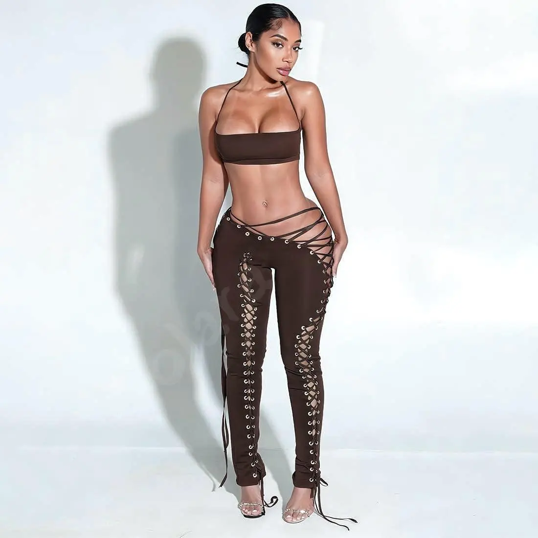 Women's 2-Piece Sporty Lace Up Workout Set - Halter Crop Top & High-Waist Shapewear Yoga Bottoms, Quick-Dry Bodycon Tracksuit for Gym, Yoga, Casual Outings, Two Piece Set, Women's 2 Piece Set