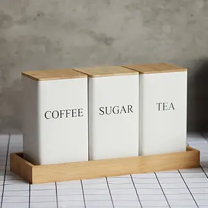 Bamboo Three-Piece Storage Set for Tea, Coffee, Sugar - Can Store Various Beverages, Kitchen Storage Container with Bamboo Lid Utensils Rectangle