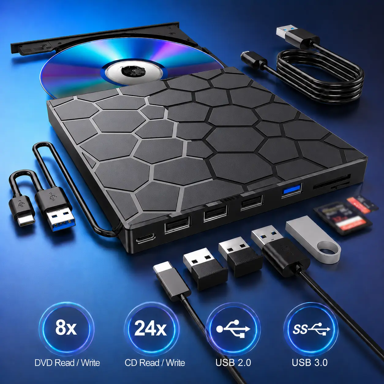 8-in-1 Multiport External CD/DVD+Card Drive, USB 3.0 Type-C USB Portable CD Burner DVD Player with SD/TF Card Reader, Slim Form Optical Disk Drive for Laptop MacBook PC Desktop (Windows 11/10/8/7, Linux, macOS)