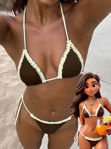 Women's swimsuit, solid color bikini, Bikini Top, high-waisted tie-side sexy briefs, triangle sexy style, women's casual basic clothing, beach ouy, Valentine's Day music party vacation wear