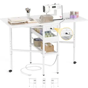 Folding Sewing Cutting Table with Charging Station Height Adjustable Craft Table with Storage 50 Inch Foldable Fabric Cutting Tables for Sewing Room Craft Room
