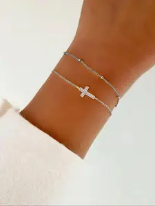Elegant Cross & Bead Charm Design Bracelets, Exquisite Trendy Adjustable Strap Bracelets for Women, Chic Gorgeous Jewelry As Gift for Girlfriend, Adjustable Link Bracelet