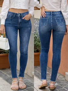 Summer High Waist Elastic Jeans Washed Blue Hem Pocket Women's Denim Jeans, Slim-Fitting Casual Style, Spring & Fall Fashion Pants Bottom