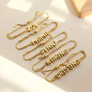 18K Gold Plated Bubble Letter Beads Bracelet, Customizable A-Z Alphabet Initial Charm Beads for DIY Name Jewelry, Brass Smooth Letter Accessories for Women tiktokshopspringglowup