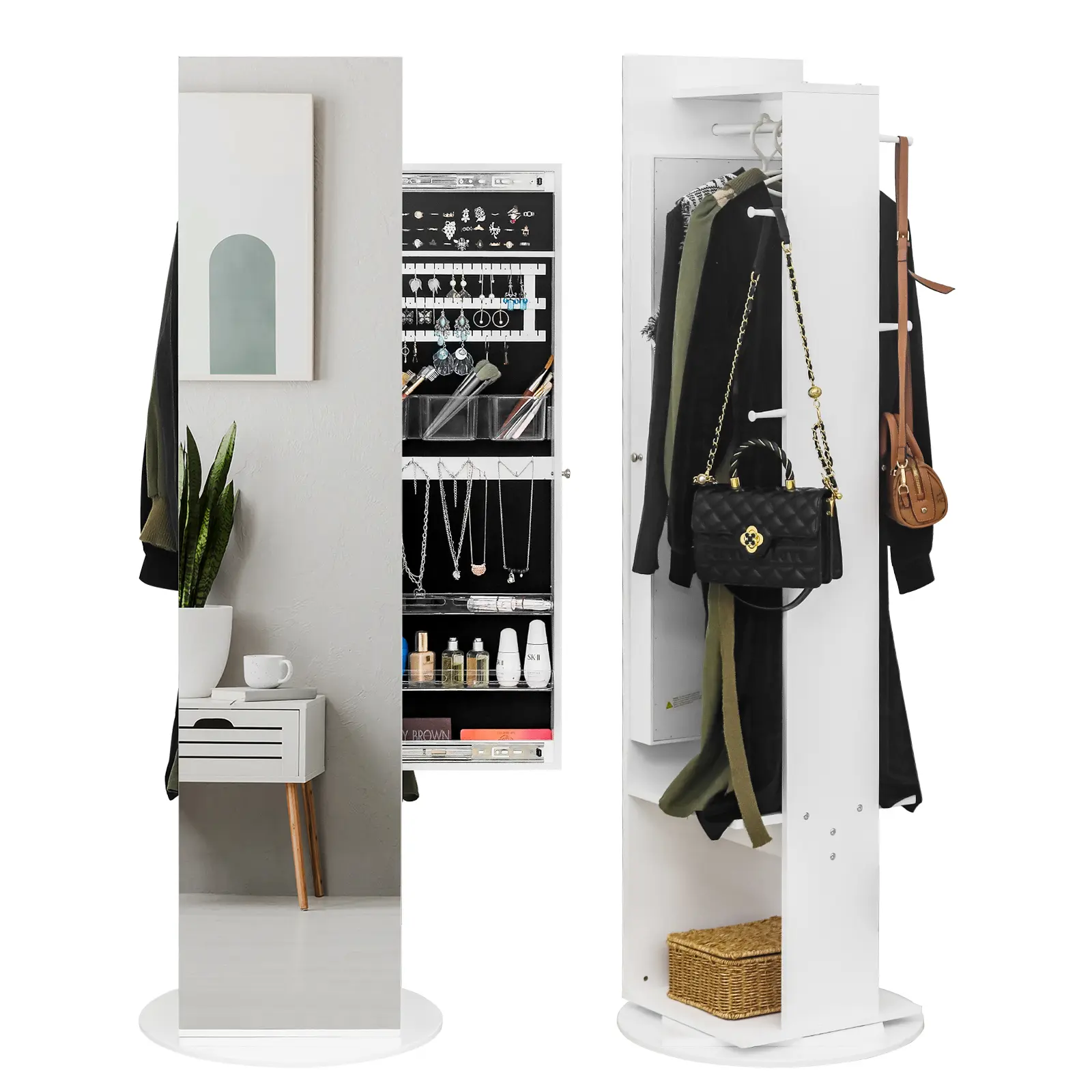 Standing Jewelry Armoire Cabinet with 360° Rotating Full-Length Glass Mirror, Large Capacity Organizer, Coat Rack, Multi-Storage Shelves, MDF Build & Easy Installation for Earring & Accessory Storage