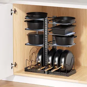 Adjustable Height Up to 24'' Under Cabinet Pots and Pans Organizer, 6 Tier Pot Organizer Rack with 6 Horizontal Dividers, Adjustable Black Pot and Pan Organizer for Kitchen Storage