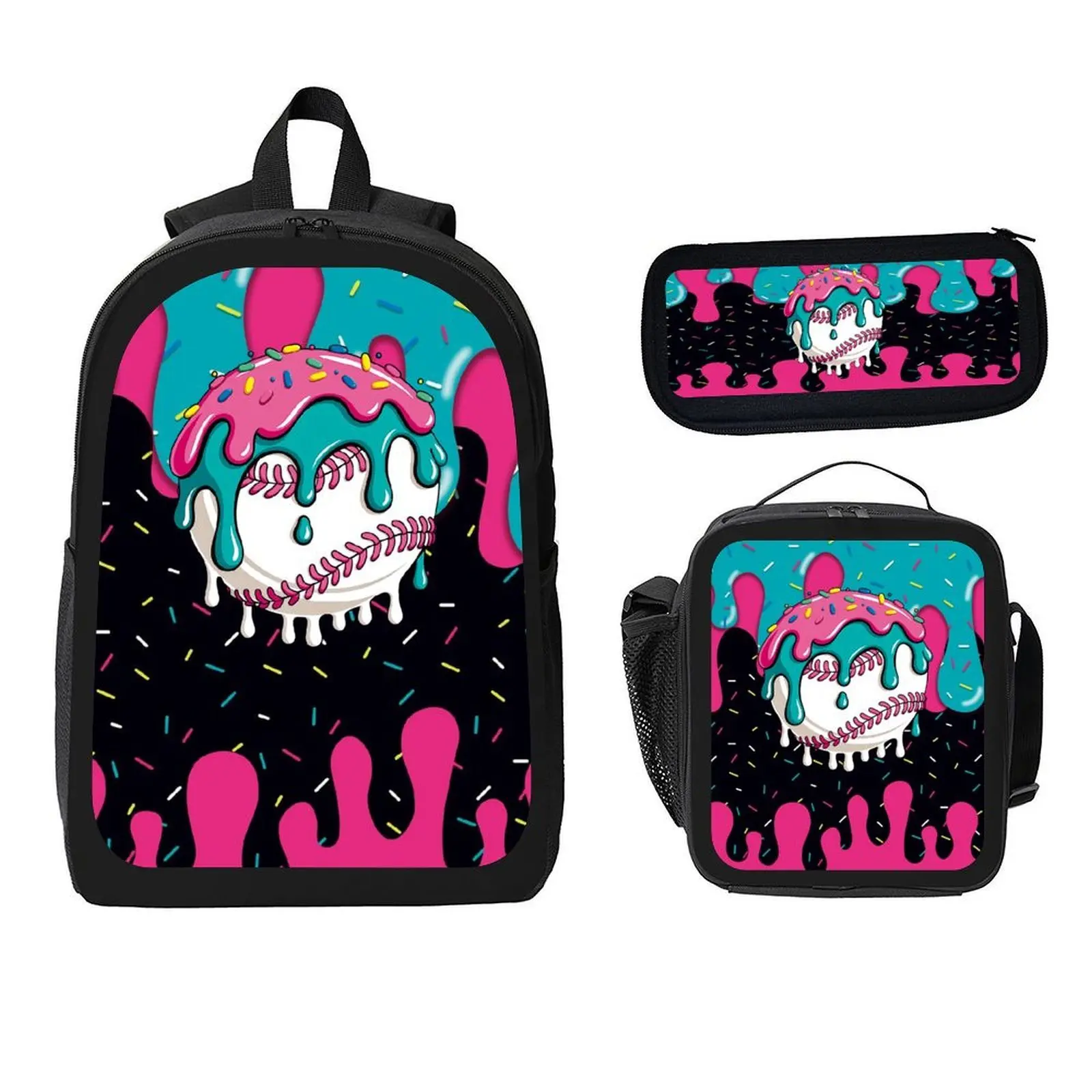Women's 3-Piece Cute Ice Cream Print Zipper Baseball Backpack Set - School Bag With Practical Fashion Pattern Durable Lunch Bag & Pencil Case, Gift For Girl Adult  Woman Daily Study Boys Supplies Fashionable