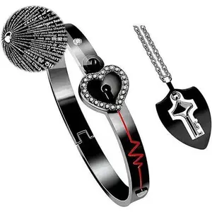 We-lock-in Heart Lock Bracelet & Key Necklace Set with "I Love You" In 100 Languages