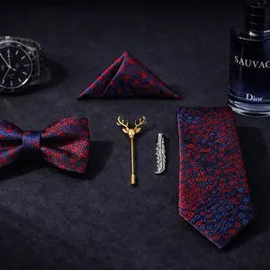 Men’s Tie Set with Bow Tie & Pocket Square – Red Pattern Design, Elegant Formal Accessories, Gift Set for Him