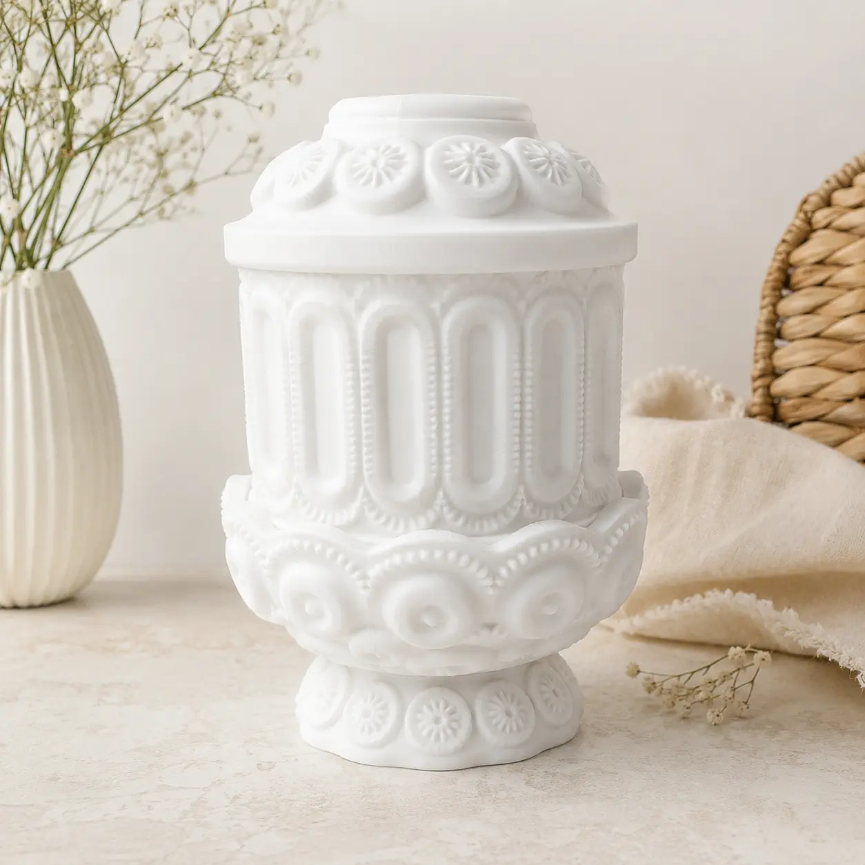 White Vintage-Inspired Decorative Fairy Lamp | Ornate 3D Printed Hobnail Style Lantern | Handmade Shelf Decor | LED Tea Light Display