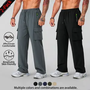 2-pack baggy wide-leg sweatpants, casual loose-fit drawstring pants, men’s cargo pants, breathable elastic drawstring long pants with multiple pockets, featuring a unique color-block pocket zipper design, suitable for outdoor sports and everyday wear.