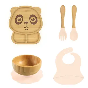 Adorer.care 5 Pieces Bamboo Plates and Bowls Set, Includes 2 Covered Spoons and a Soft Silicone Tipped Fork, BPA-Free and Easy to Clean