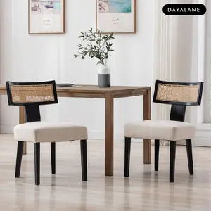 【Valentines'Day】DAYALANE Payson Modern Cane Dining Room Chairs Set of 2 Nature Cane Back Upholstered Beige Light Solid Wood Legs Ergonomic Curved Backrest for Mid Century Kitchen Party Furniture