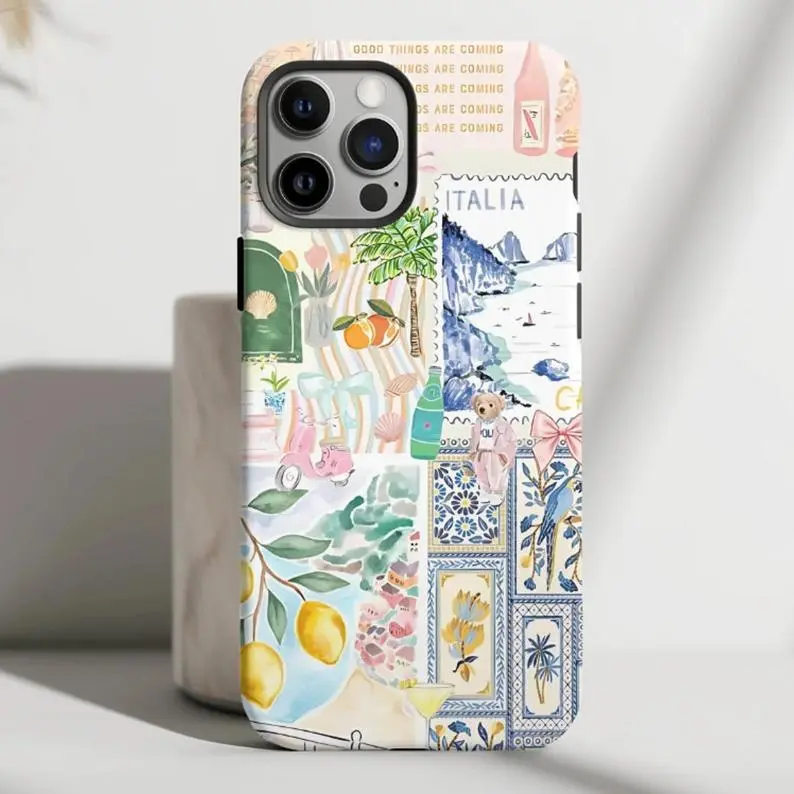 Coquetttee Italian Summer Collage Phone Case, Coastal Italy Phone Case,phone Case Suitable for Iphone 11/12/13/14/15/16/17 Pro Promax Plus AirGift for Her, Mom Gift, Phone Protector, Shockproof Protective