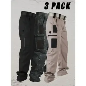 [Tactical Pants] 3pcs Men's Cargo Hiking Tactical Pants|   Elasticized Waist, Relaxed Straight Leg, Breathable & Durable - Outdoor Adventures Hiking, Camping, Fishing, and Casual Wear Menswear Polyester