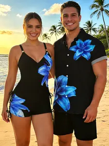 DRESSLILY 2026 Vacation Couple Outfit Women's Floral Print Cinched Boyshorts Swimsuit and Men's Short Sleeve Shirt & Shorts Three Pieces Matching Set