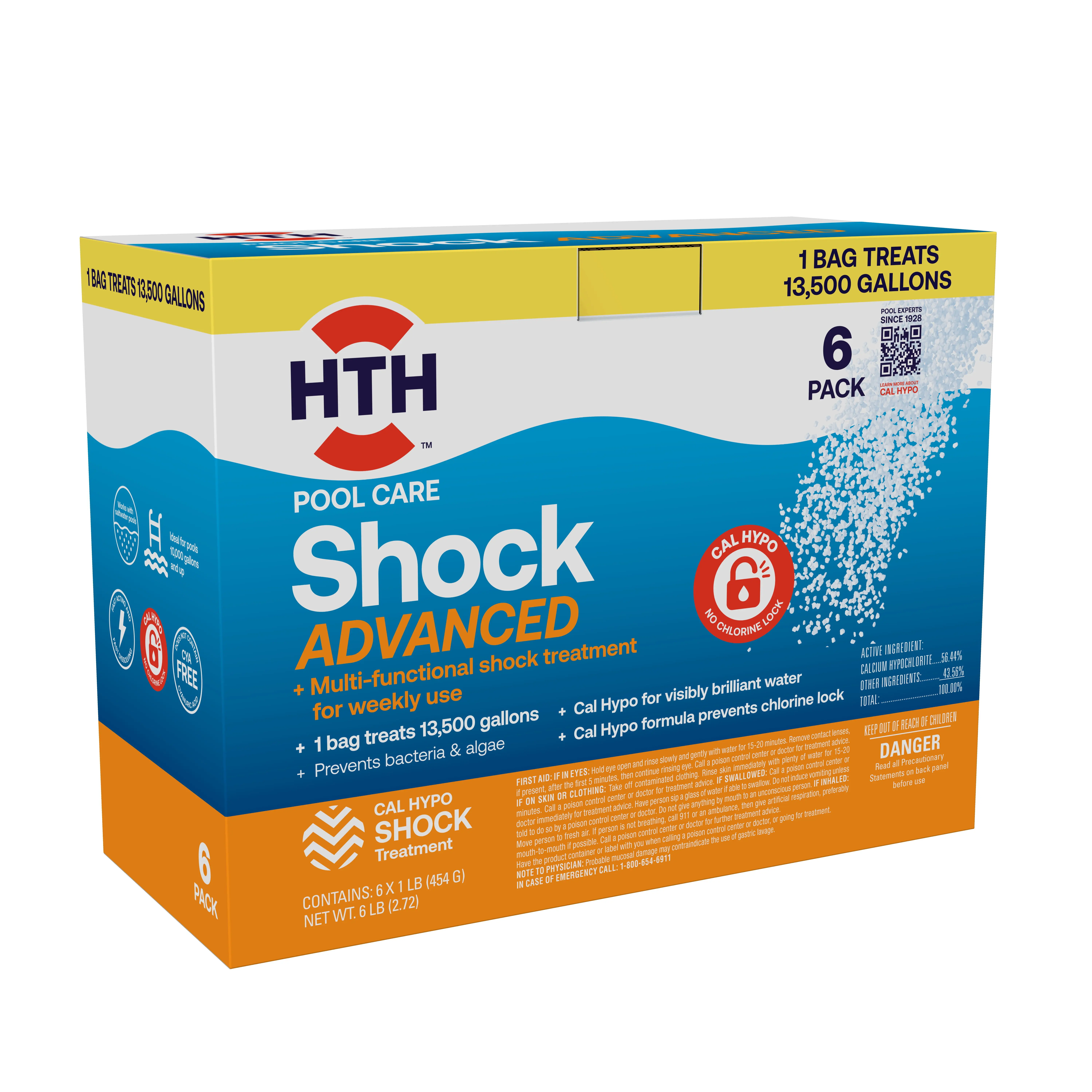 HTH Granular Pool Shock - Cal Hypo Multi-Use Granular Form Formula, Shock for Pool, 13,500 Gal Water Sanitizing & Algae Control, 1 lb Box (6-Pack)