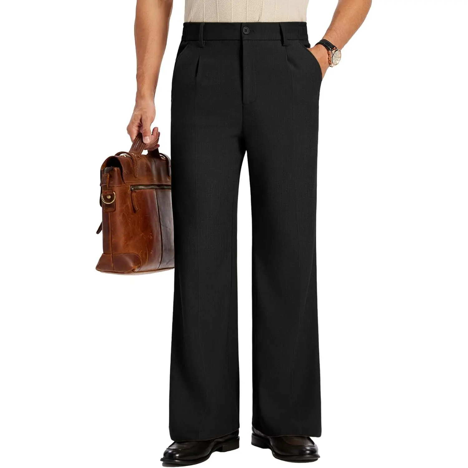 Susclude Men's Bootcut Casual Pants - Menswear, Old Money Cut, Flare Fit, Pleated Elastic Waist, Wrinkle-Free Vintage Slacks for Work