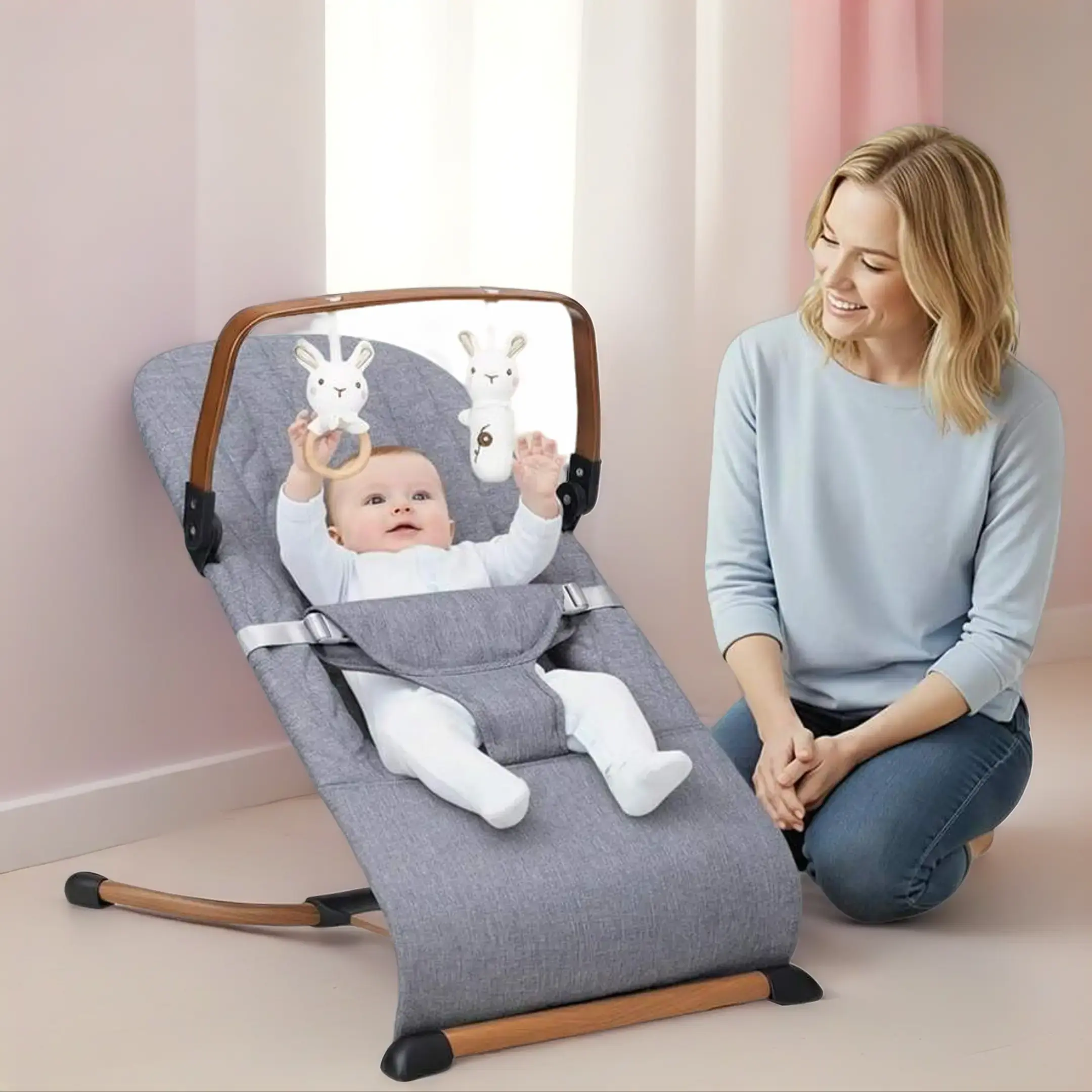 3-in-1 Baby Bouncer, Rocker & Lounger - Adjustable Unisex Foldable Infant Nursery Chair, Supportive Durable Frame, Soft Breathable Fabric, 3 Recline Positions, Removable Wooden Toy Bar, 0-12 Months Newborns/Infants 10-15 Kg