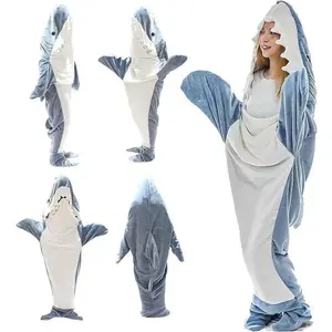 Cartoon shark sand sculpture sleeping bag; one-piece flannel pajamas; shark home clothes; one-piece shark sleeping bag for autumn and winter