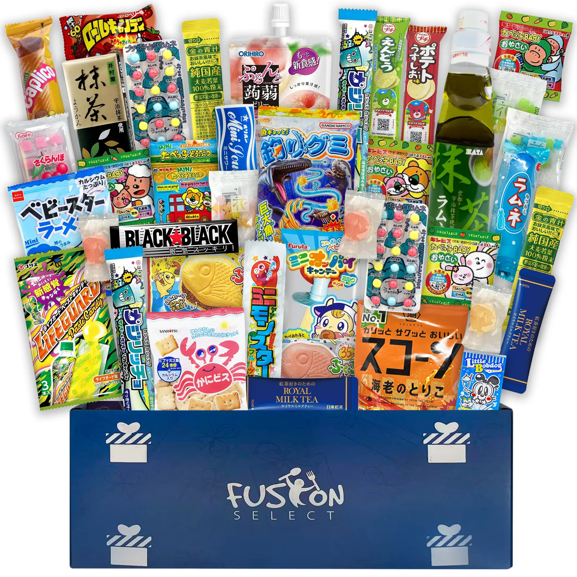 Fusion Select 40 Japanese Snack Box Gift Basket - Assorted Dagashi Box from Japan with Bubble Gum, Peach Juice, Fish-Shaped Wafer, Potato Crisps, Animal-Shaped Biscuits, Corn Chips, Gummies