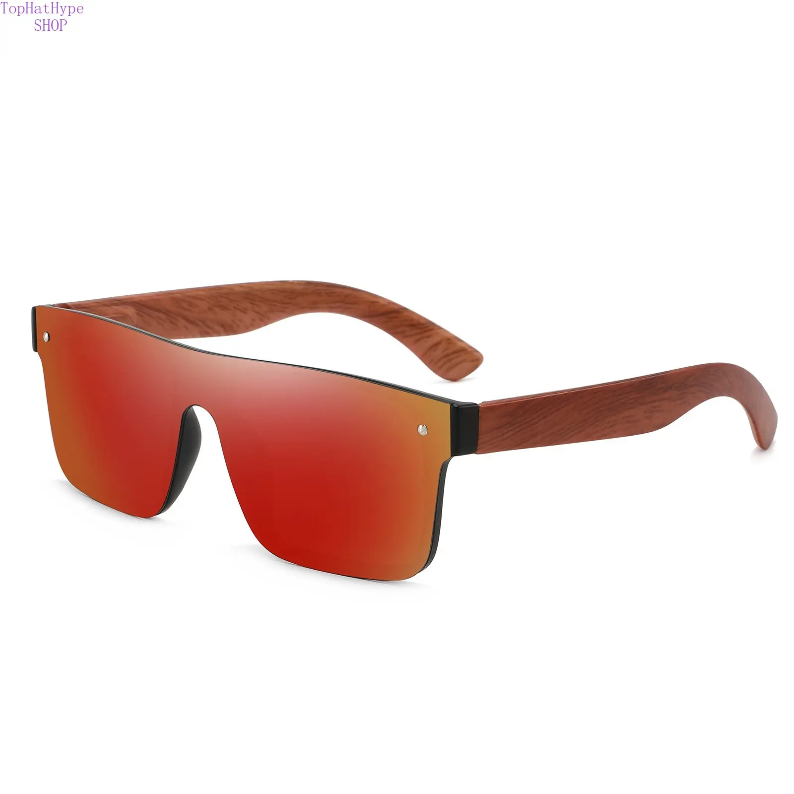 Rimless Red Mini-Frame Non-Prescription Sunglasses for Men, Wood Grain Temple, UV400 Protection, Retro Fashion Shades for Beach, Driving, Mini-Frame Non-Prescription Glasses