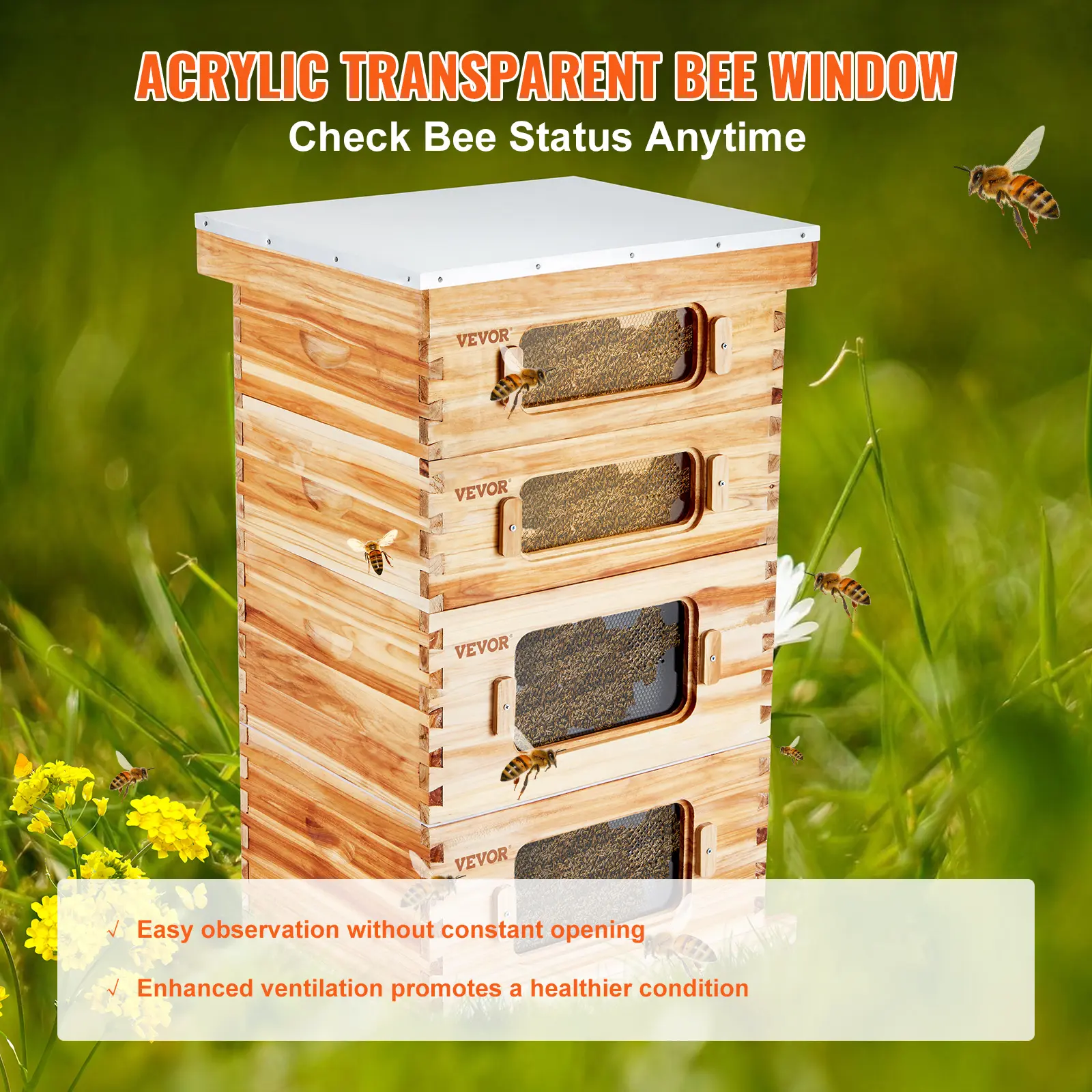 【summerfinds】VEVOR Bee Hive 40 Frame Bee Hives Starter Kit, Beeswax Coated Cedar Wood, 2 Deep + 2 Medium Bee Boxes Langstroth Beehive Kit, Transparent Acrylic Windows with Foundations for Beginners Pro Beekeepers