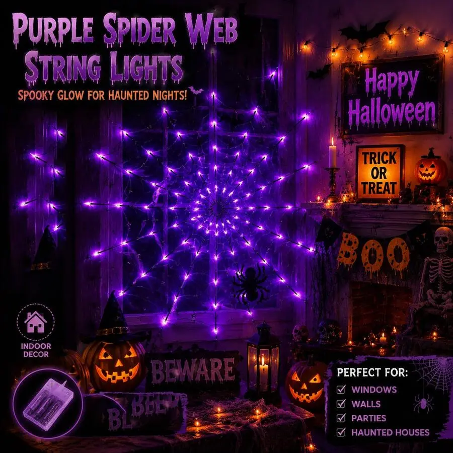 80 LED Spider Web Light, Indoor, Battery Powered, 8 Lighting Modes, Innovative Lighting Device, Suitable For Parties, Bedrooms, Bars, Haunted House Themed Events, Halloween Decorations, Party Atmosphere Lighting, With Spiders (Not Waterproof)