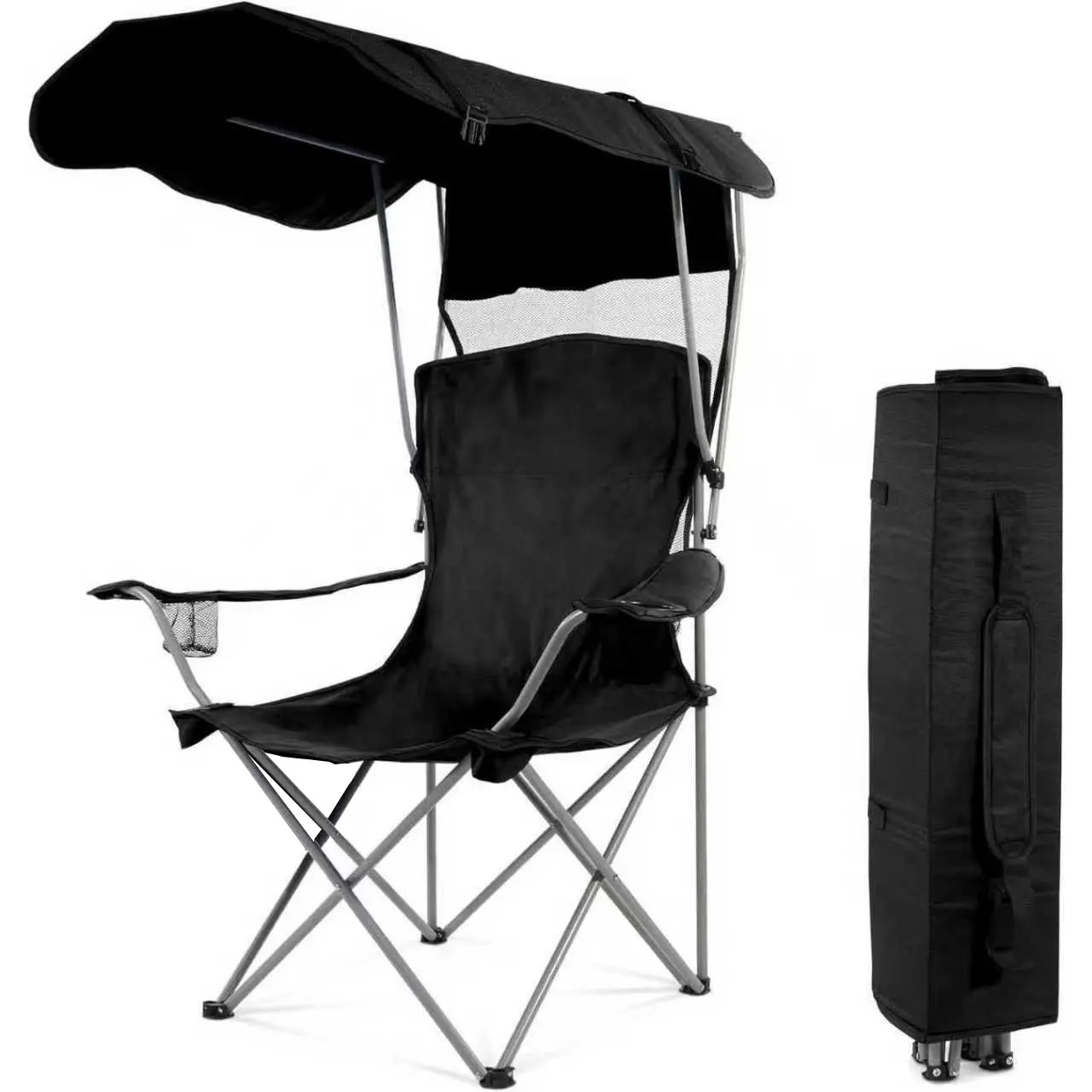 Portable Foldable Outdoor Chair with Sun Canopy, Wheeled Carry Bag,  Camping Fishing Beach Use