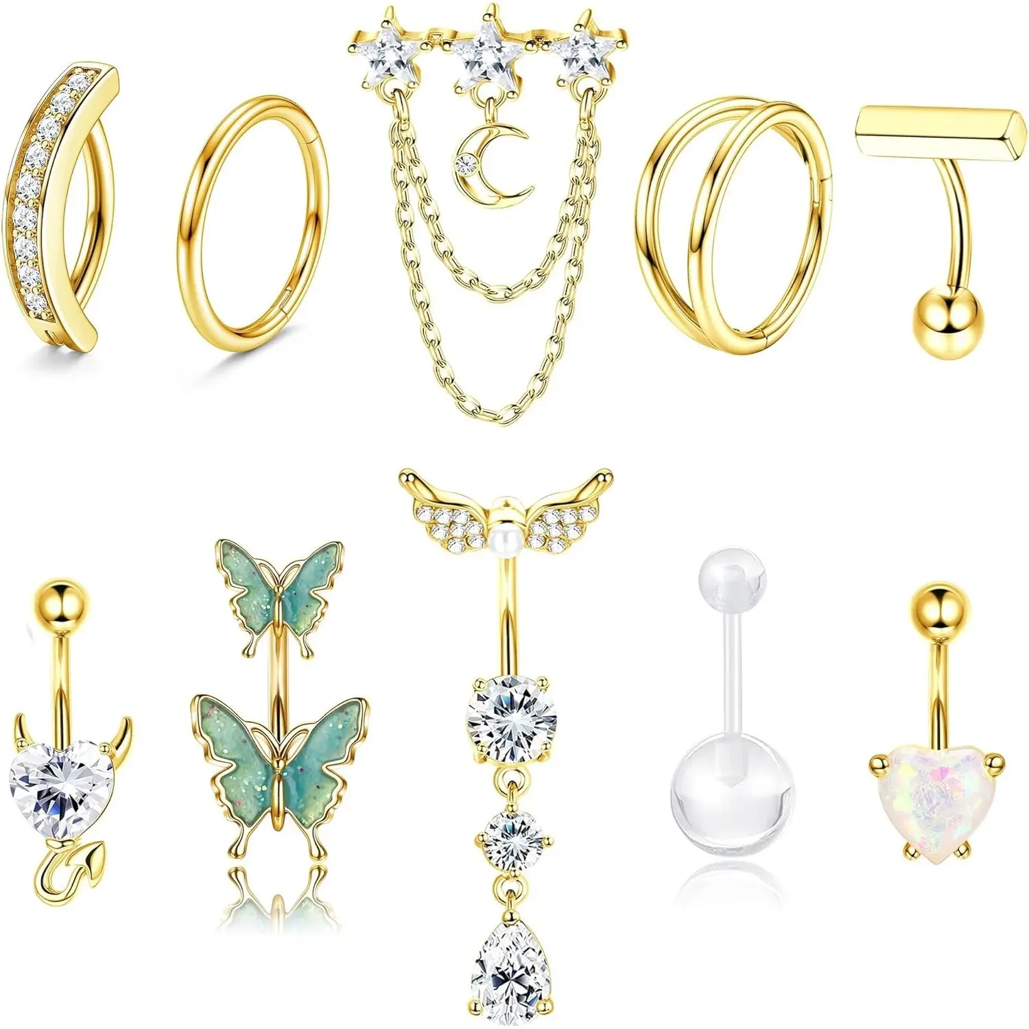 Women's 10 PCS Trendy Summer Surgical Steel Navel Piercing Jewelry Set - Clicker Button Rings, Butterfly Dangle Belly Button Rings, 14G Nose Hoop, Nose Cuff, Body Piercing Accessories, Nose Piercing, Female