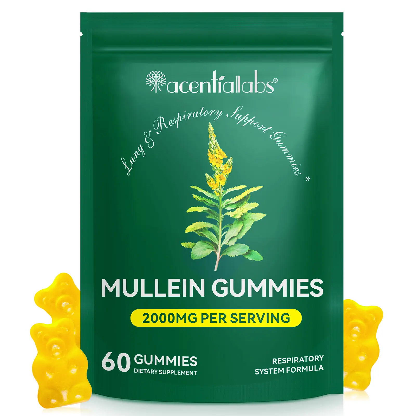 Acentiallabs Mullein Gummies with 2000mg Mullein Leaf Extract for Lung & Sinus Support, Pear Flavor, 60 Count, 30-Day Supply Respiratory Health Supplement Relief Supplement
