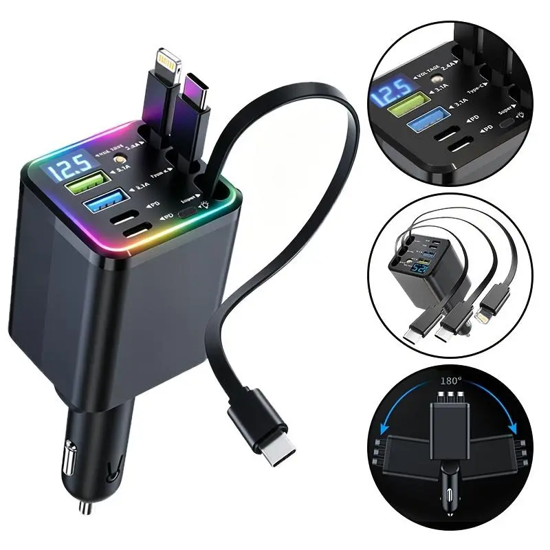 120W Max Multi-Port Power Hub - iPhone Charger, Car Charger, Starry LED Atmosphere Lamp, 1-Click Galaxy Projector, Tangle-Free Retractable Cables, PD20W, USB-A 65W Super Fast Charge for Phones, Pads & Laptops