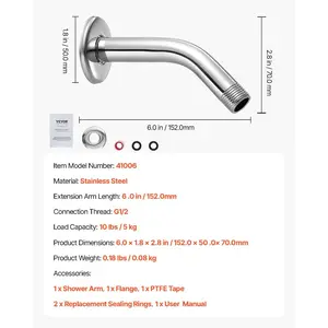 VEVOR Shower Arm with Flange, 6 Inches, Wall Mounted Stainless Steel Shower Head Arm Extender, Chrome Finish, PTFE Tape, G1/2 Universal Thread Connector Compatible, for Fixed Handheld Showerhead