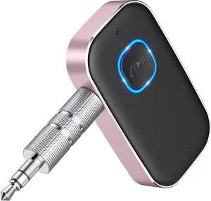 Bluetooth AUX Adapter for Car, Noise Reduction Bluetooth Receiver for Music/HandsFree Calls, Wireless Audio Receiver for Home Stereo/Speaker, H Battery Life/Dual Connect (Black+Pink)