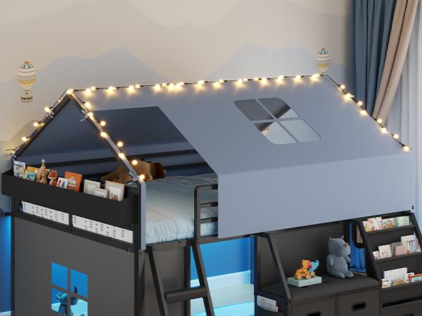 ADORNEVE Low Loft Bed Full Size with Bookshelf and Reading Nook LED Loft Bed with 3 Drawers and Under-Bed Play Space Loft Bed with Safety Guardrail and Inclined Ladde Play Curtain