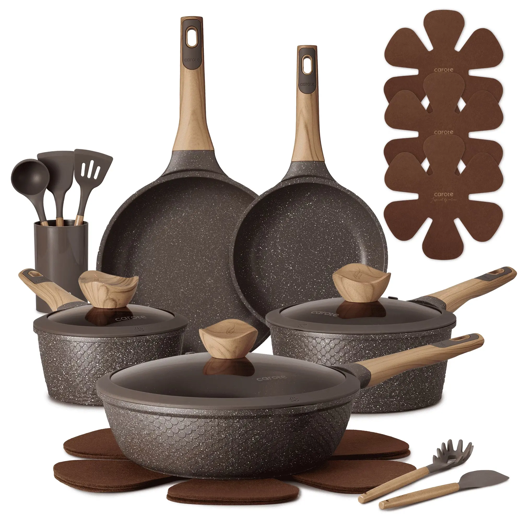 CAROTE 18-Piece Nonstick Pots and Pans, Granite Cookware Set with Kitchen Utensils, Brown Aluminium