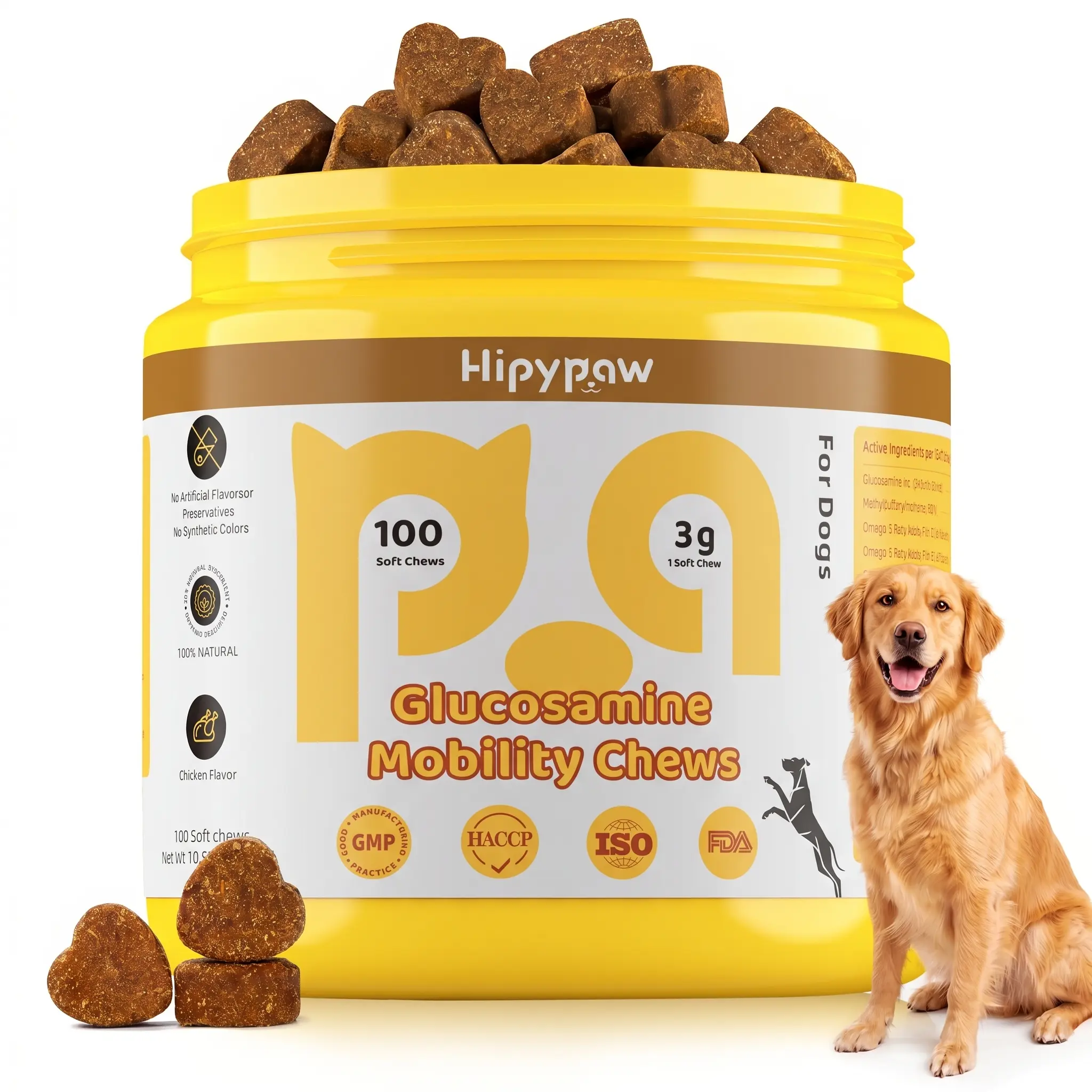 Hipypaw Hip & Joint Mobility Bites for Dogs | Natural Mobility Support Supplement with Glucosamine, Chondroitin, MSM & Omega-3 | Active Lifestyle Support (100 chews)