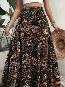 A women's black floral long Maxi dress, suitable for commuting to work, shopping, outdoor activities, indoor and outdoor dressing