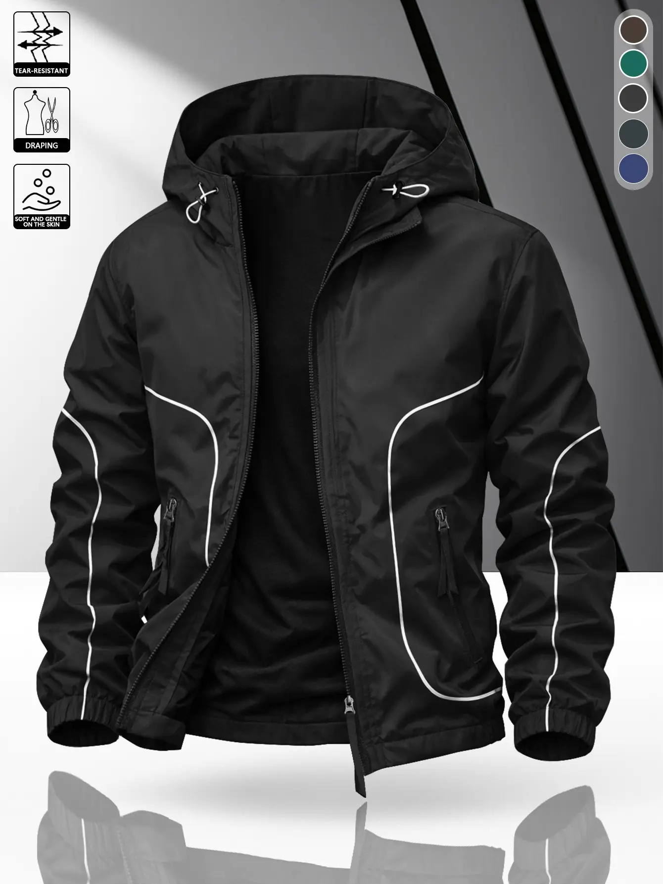 Men’s hooded outdoor functional jacket — windproof and water-resistant, smooth and skin-friendly outerwear available in five colors; suitable for hiking and everyday wear, with elastic cuffs and a hem; trendy reflective stripe design, choose your favorite