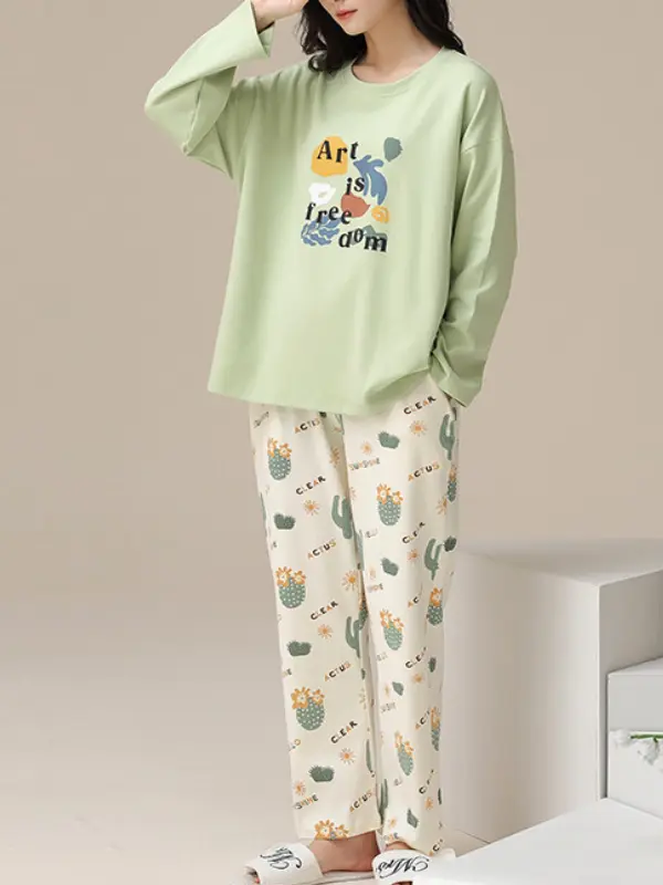 Cotton Women’s Pajama Set 2 Pcs Long Sleeve Pullover Top Sleepwear Long PJ Pants