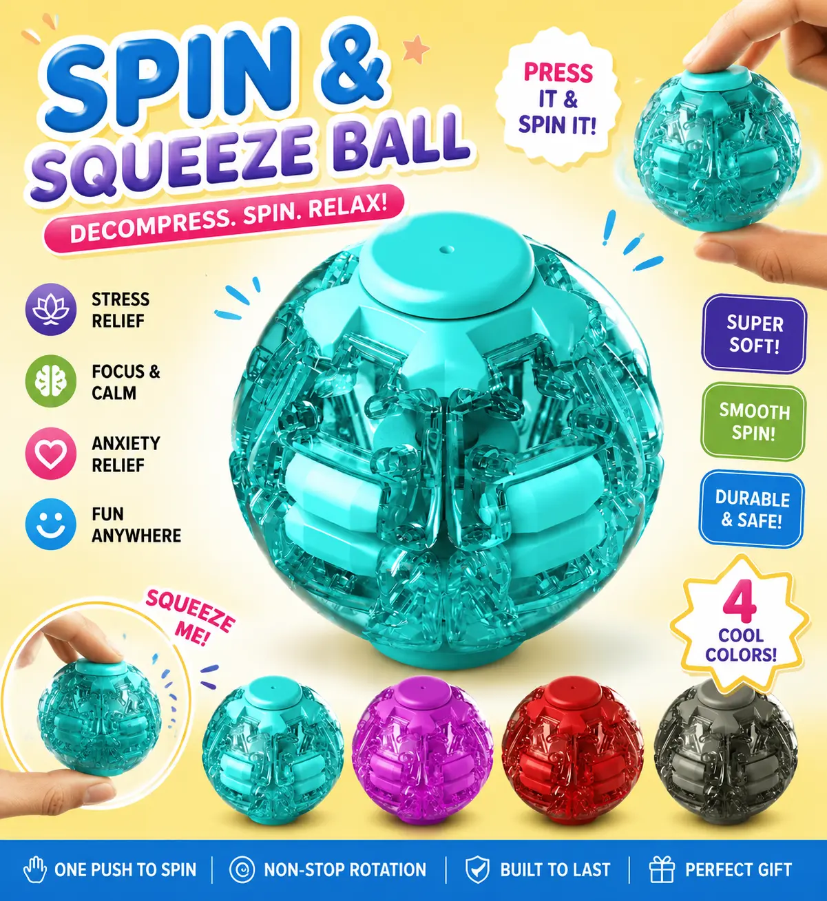 Hotfree Press-to-SpinTransforming Fidget Ball, 3D Printed Fidget BallToy, Smooth Spinning Sensory Gyro Toy, StressRelief Desk Gadget, Anxiety Relief FidgetSpinner, ADHD Focus Aid, Portable HandheldFidget Gyro Toy for Kids, Teens and Adults