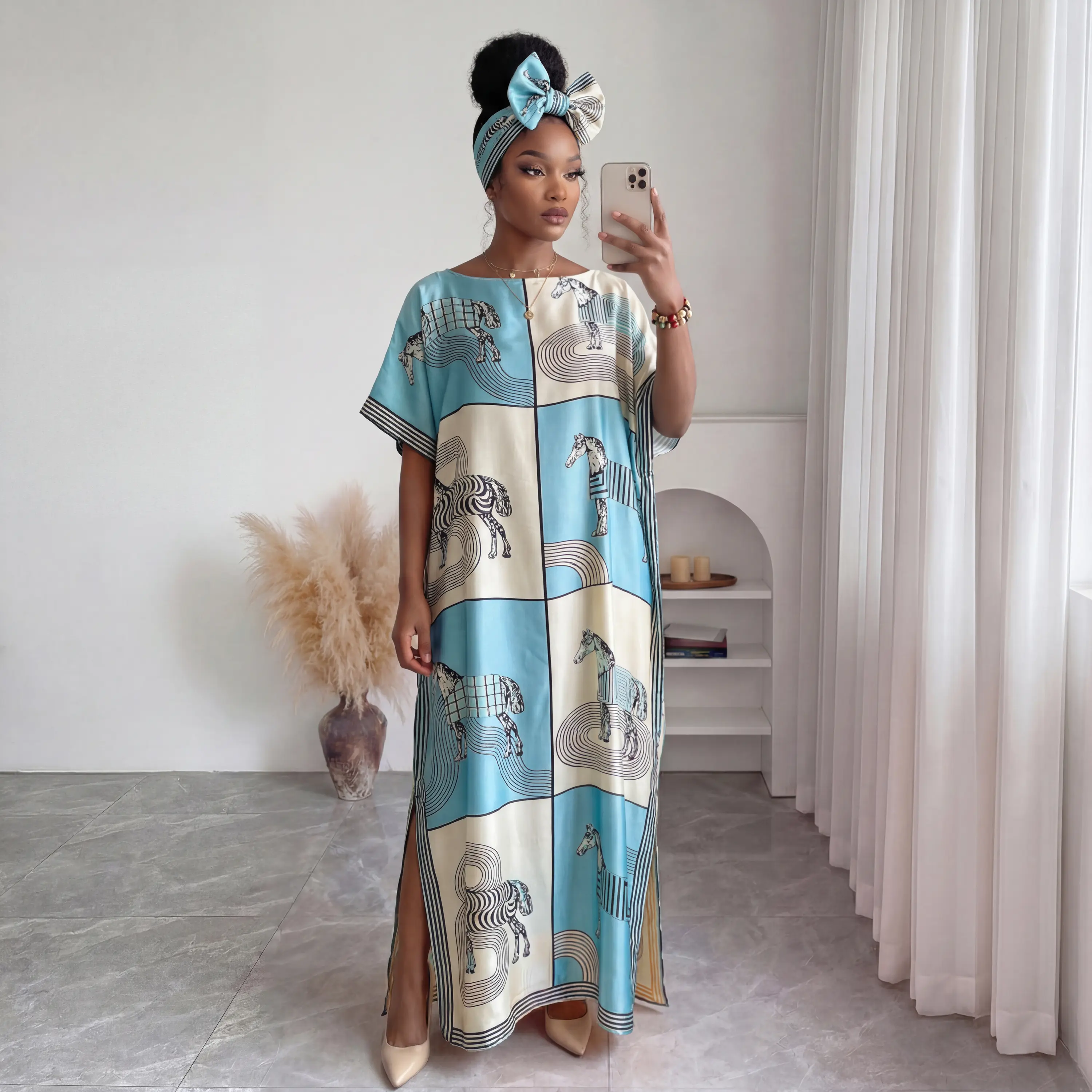 Luxury Horse Print Kaftan Maxi Dress With Headwrap, Women Loose Side Slit Long Caftan, Elegant Satin Beach Coverup Lounge Wear vacation holiday