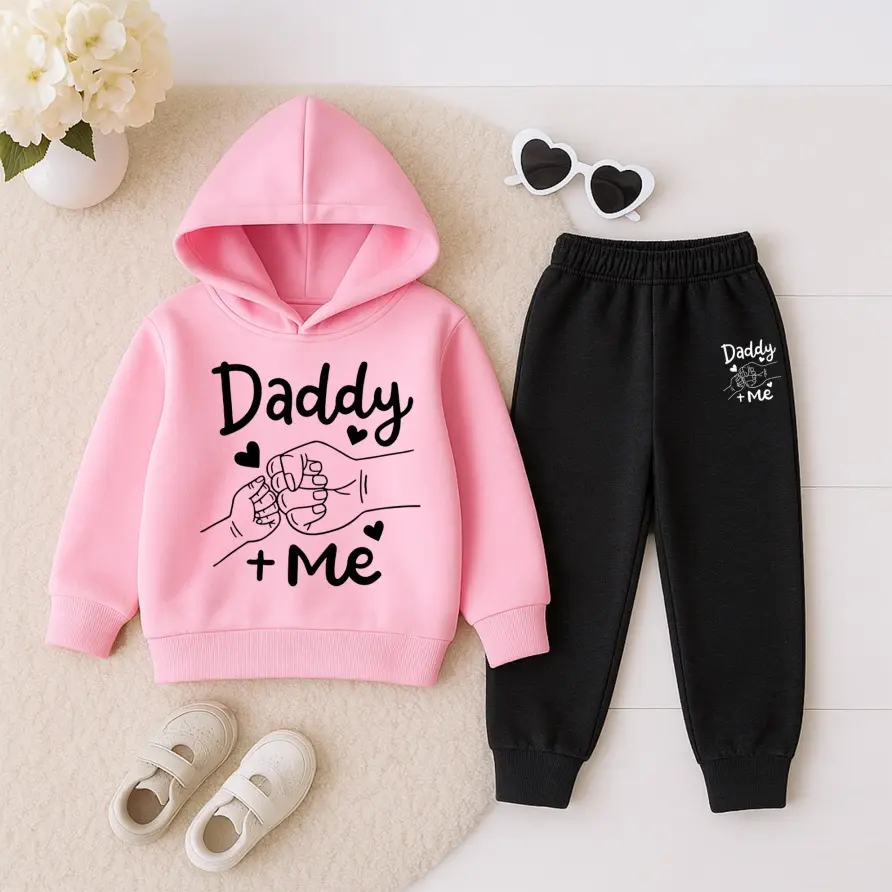 Girls' Coordinated Set, Fitted 2-Piece 'Daddy' Print Thick Fleece Tracksuit with Hooded Pullover and Sweatpants, Casual Wear, 11-12Y(150), Tapered Fit, Hooded Neck, Kids Clothing Girls, Unique Print, Tailored Cut, Playful Look