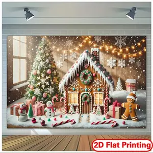 2D Flat Printing Banner 243.84x182.88cm Christmas Gingerbread House Polyester Backdrop, Multipurpose Party Banner, Festive Photography Background for Birthday, Cake Table, Holiday Decor, with No Electricity Needed, f
