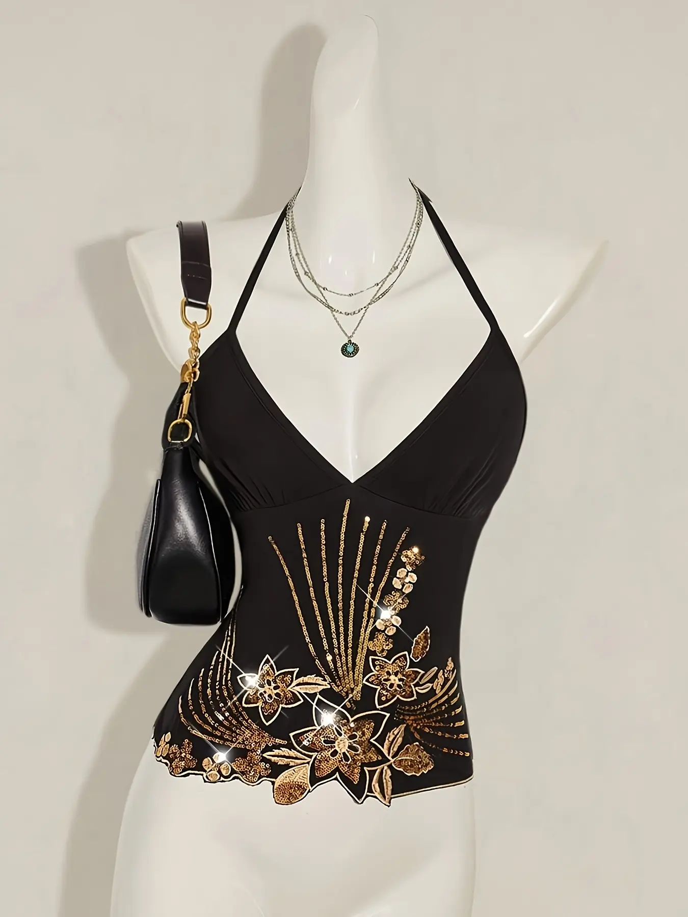 Boho Style Gold Sequins Backless Top, Asymmetric Hem Floral Beaded Embroidery Halter Vest, Sexy Women's Summer Fashion, Dance Tops, Dance Clothing, Dance Clothes