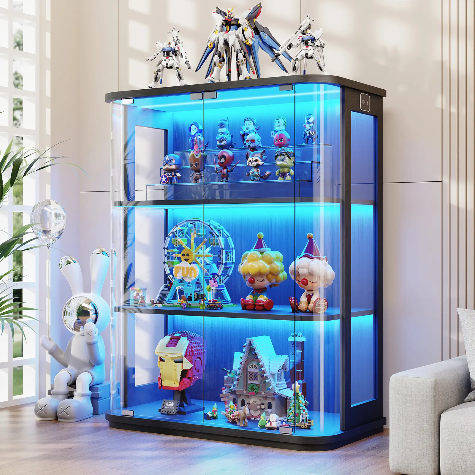 MIIFUNY Rounded Display Cabinet with Glass Door, 3-Tier Curio Cabinet with 3 Color Lights for Collectibles, Glass Display Case with Transparent Full-Display Surface, Human Body Sensor, Black