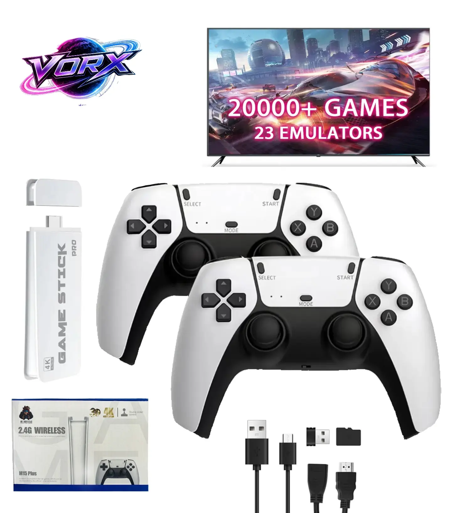 M15 Wireless Retro Game Stick — Over 20,000 classic games built-in | Dual 2.4G wireless controllers — Supports 4K HD output and HDMI plug-and-play functionality.