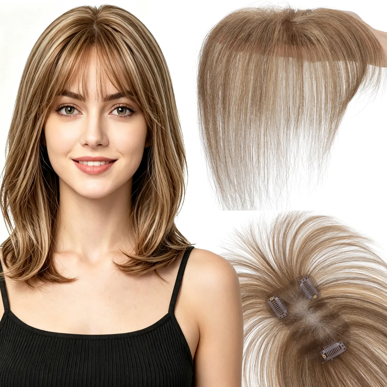 Hair Toppers for Women Real Human Hair with Bangs 360°Cover 3D Clips 2.76"x4.33" Breathable Lace Base 11 Inches Lightweight Hairpieces Wispy Bangs