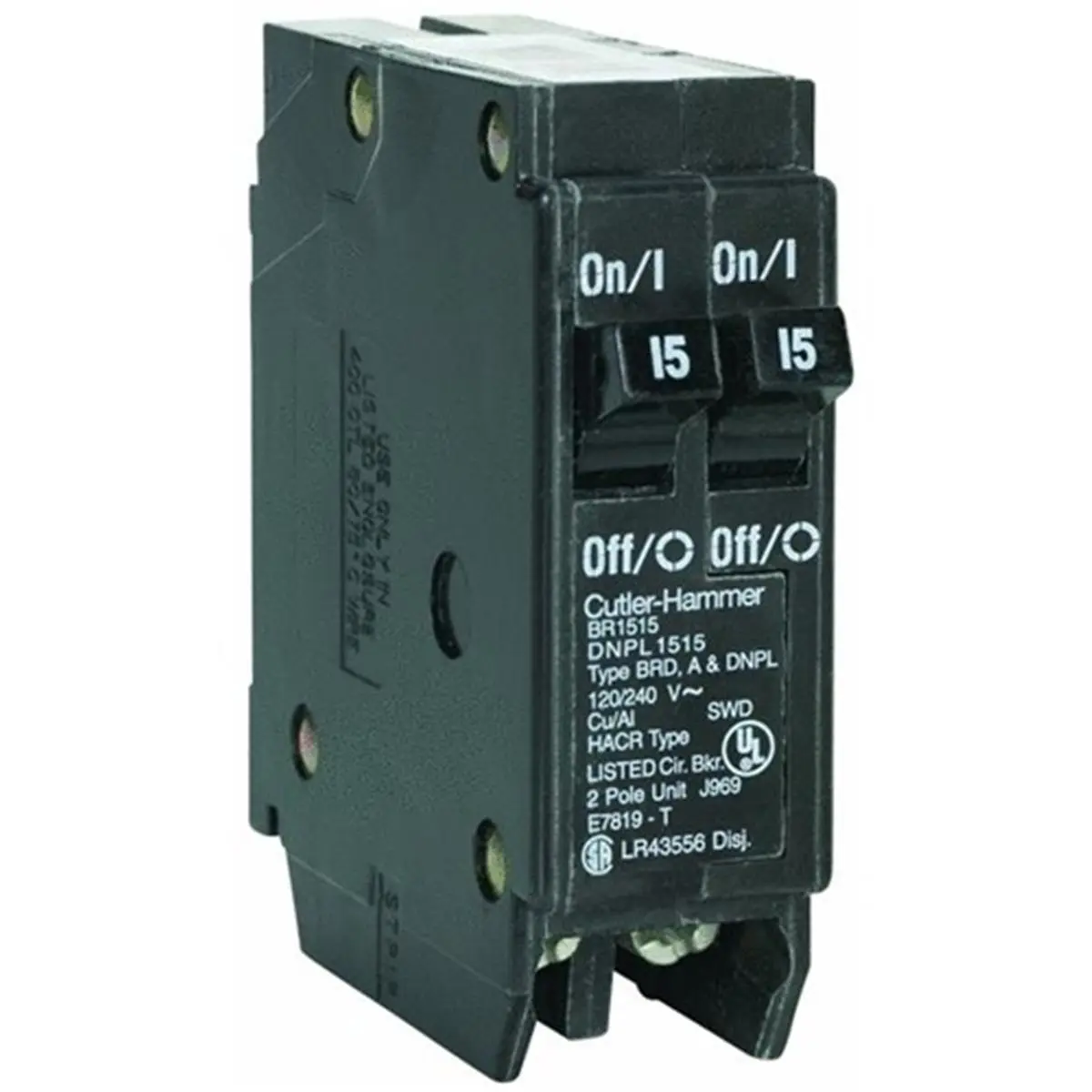 212 MAIN Eaton BR Series 1-Pole Duplex Circuit Breaker, 2x15A, 120 Vac, 10,000 AIC Class CTL, 1" Wide (1/2" Per Pole), Sailing Water Sports, 10Kaic
